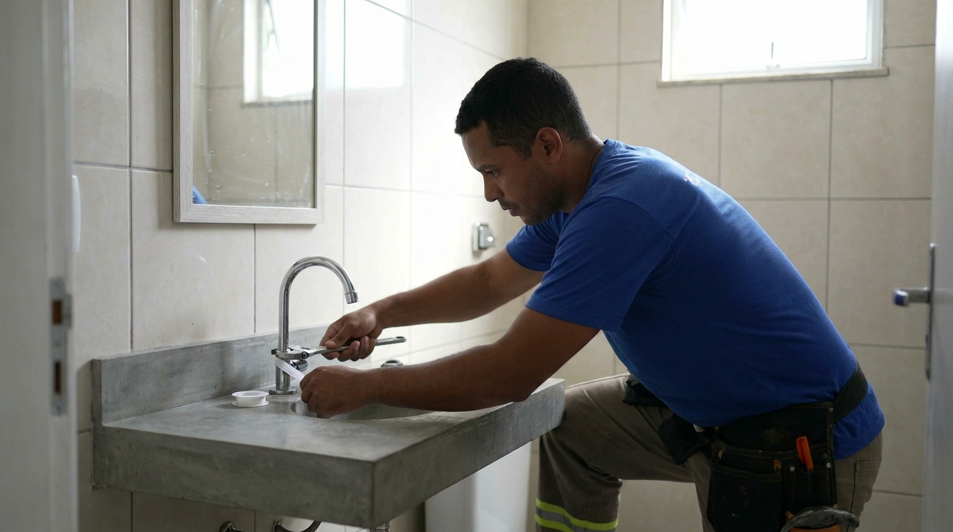 Encanador instalando torneira em Joinville‑SC